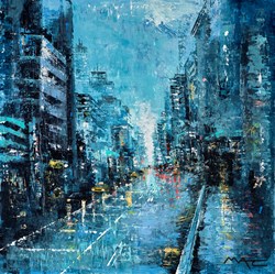 Big Apple Life by Mark Curryer - Original Mixed Media on Board sized 24x24 inches. Available from Whitewall Galleries
